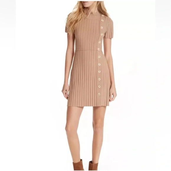 Free People Lottie Ribbed Knit Mock Neck Short Sleeve Sweater Dress Tan size S - Picture 1 of 11